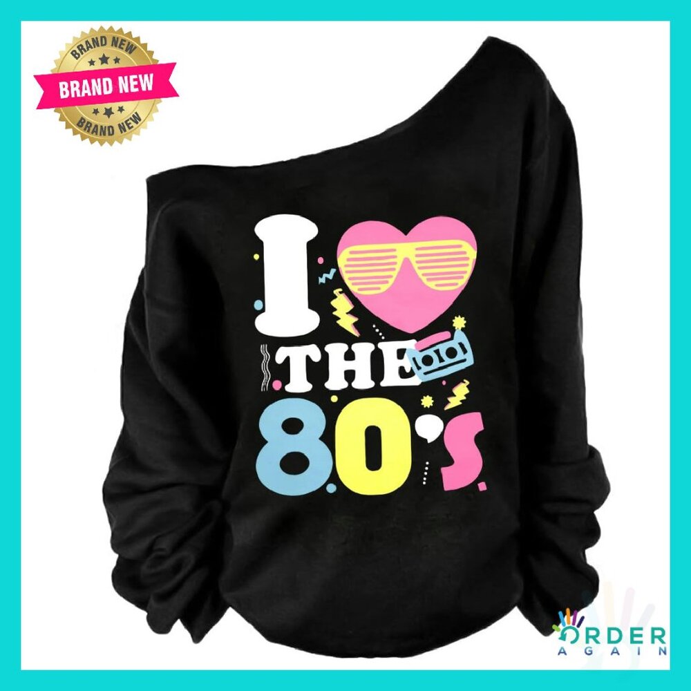 Retro Off Shoulder Graphic Tee 80s Disco Party Top Oversized Long Sleeve
